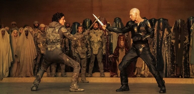 Timothee Chalamet and Austin Butler fight in Dune: Part Two.